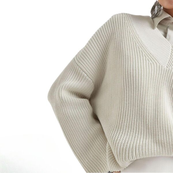 Ladies’ Pure Cotton Half Cardigan Stitched V-neck Drop Shoulder Pullover Knitwear Top - Image 3