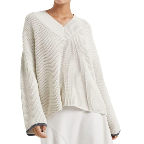 Ladies’ Pure Cotton Half Cardigan Stitched V-neck Drop Shoulder Pullover Knitwear Top - Image 4