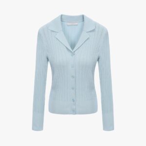 Ladies’ Pure Cotton Vertical Crochet Slim Collared Long Sleeve Cardigan Top Knitwear