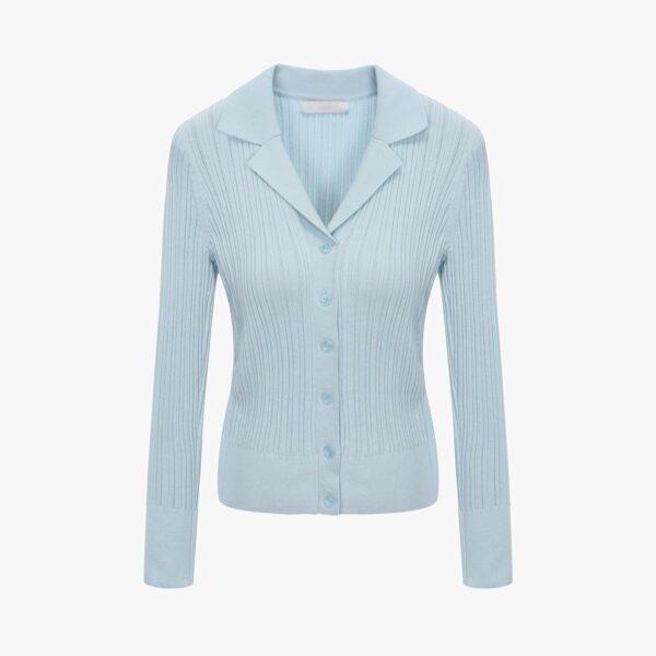 Ladies’ Pure Cotton Vertical Crochet Slim Collared Long Sleeve Cardigan Top Knitwear