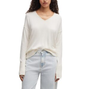 Ladies’ Pure Color Jersey Stitching V-neck Drop Shoulder Cotton Pullover Top Sweater