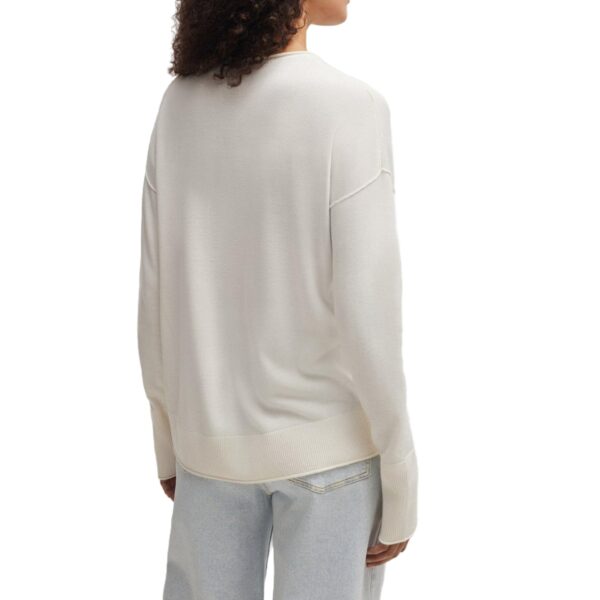 Ladies’ Pure Color Jersey Stitching V-neck Drop Shoulder Cotton Pullover Top Sweater - Image 3