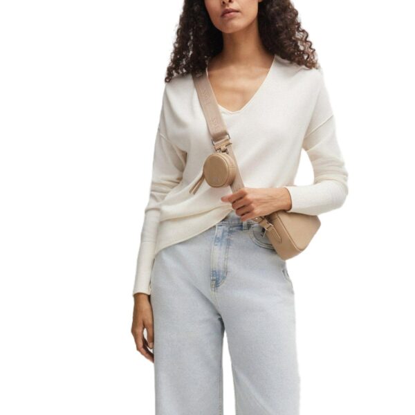 Ladies’ Pure Color Jersey Stitching V-neck Drop Shoulder Cotton Pullover Top Sweater - Image 4