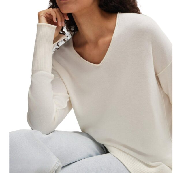 Ladies’ Pure Color Jersey Stitching V-neck Drop Shoulder Cotton Pullover Top Sweater - Image 5