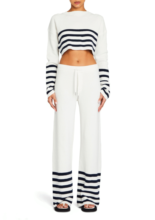 Women’s Cotton Blended Plain Knitting White and Navy Pants - Image 2