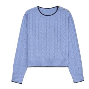 Women’s Cotton & Cashmere Blended Cable Knitting Round Neck Pullover Top Sweater