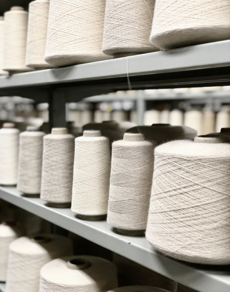 Close up of neutral color cashmere yarn bobbin