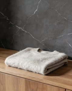 A picture of a folded cashmere sweater laid flat