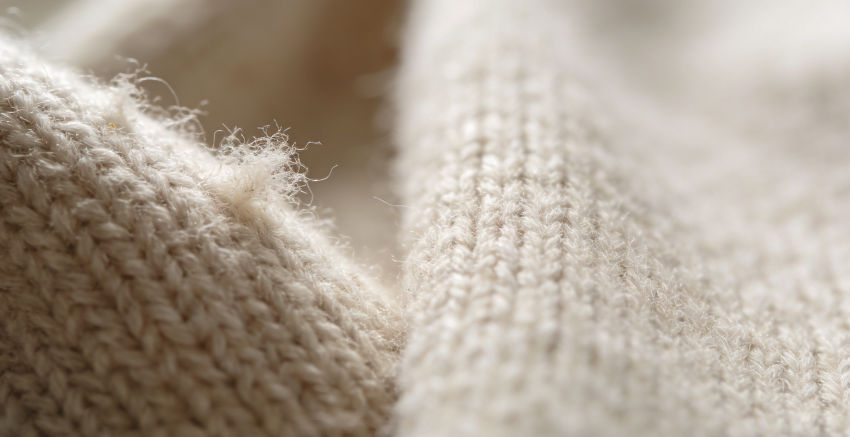 A close-up of the cashmere sweater with a slight pilling and a smooth, flat surface