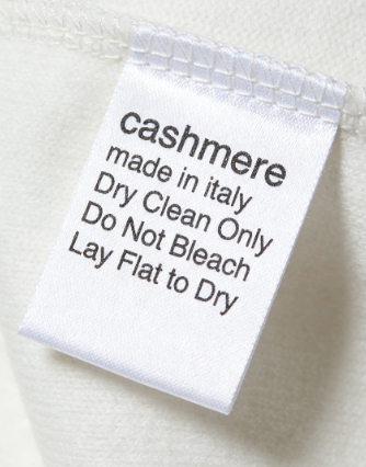 Cashmere garment label showing origin and manufacturing details